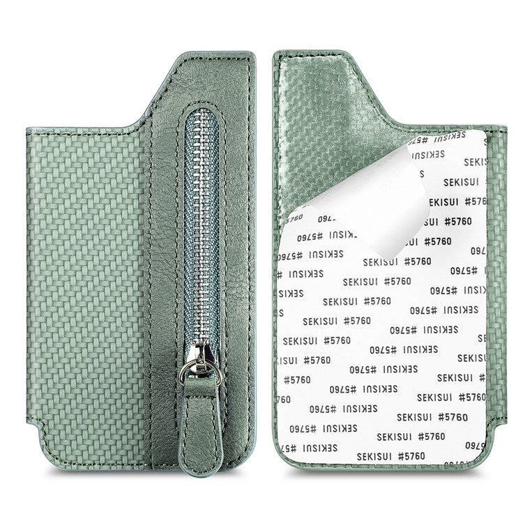 Zipper Card Holder Bag Kickstand Carbon Fiber Texture Leather Zipper Wallet - Green