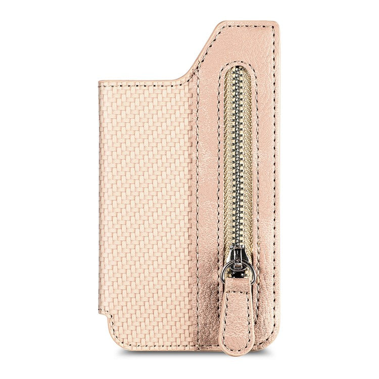 Zipper Card Holder Bag Kickstand Carbon Fiber Texture Leather Zipper Wallet - Khaki