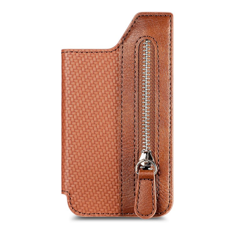 Zipper Card Holder Bag Kickstand Carbon Fiber Texture Leather Zipper Wallet - Brown