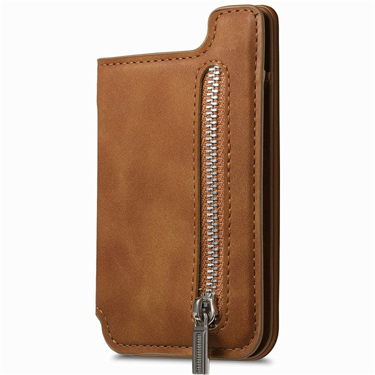 Card Holder Compatible with MagSafe Kickstand Leather Zipper Card Bag RFID Blocking - Brown