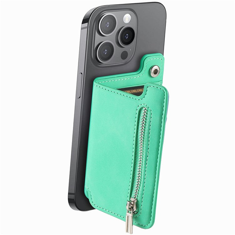 Card Holder Compatible with MagSafe Kickstand Leather Zipper Card Bag RFID Blocking - Green