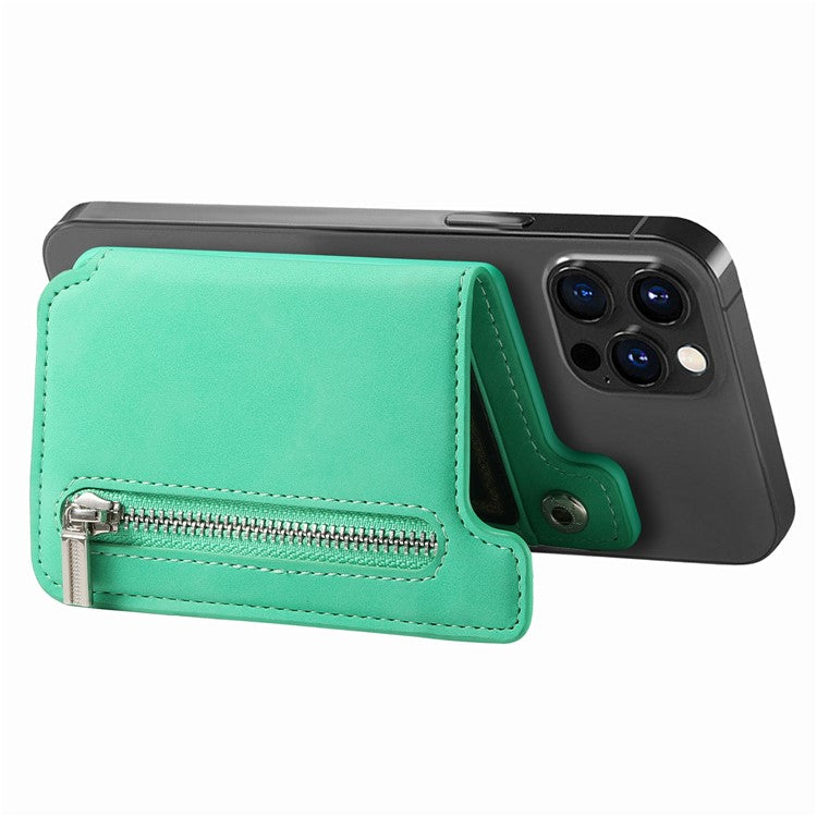 Card Holder Compatible with MagSafe Kickstand Leather Zipper Card Bag RFID Blocking - Green