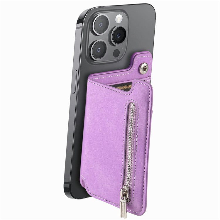 Card Holder Compatible with MagSafe Kickstand Leather Zipper Card Bag RFID Blocking - Purple