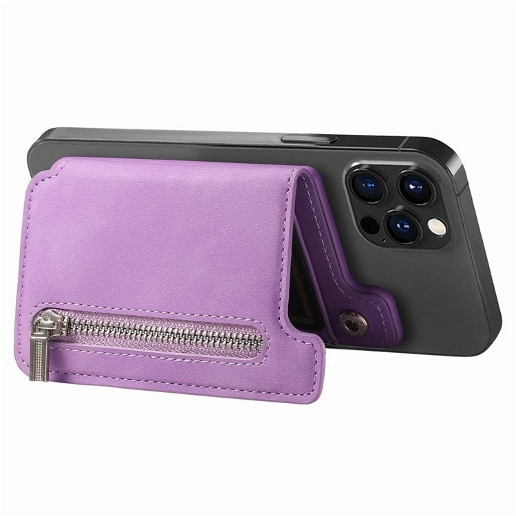 Card Holder Compatible with MagSafe Kickstand Leather Zipper Card Bag RFID Blocking - Purple