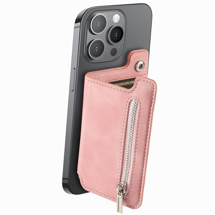 Card Holder Compatible with MagSafe Kickstand Leather Zipper Card Bag RFID Blocking - Pink