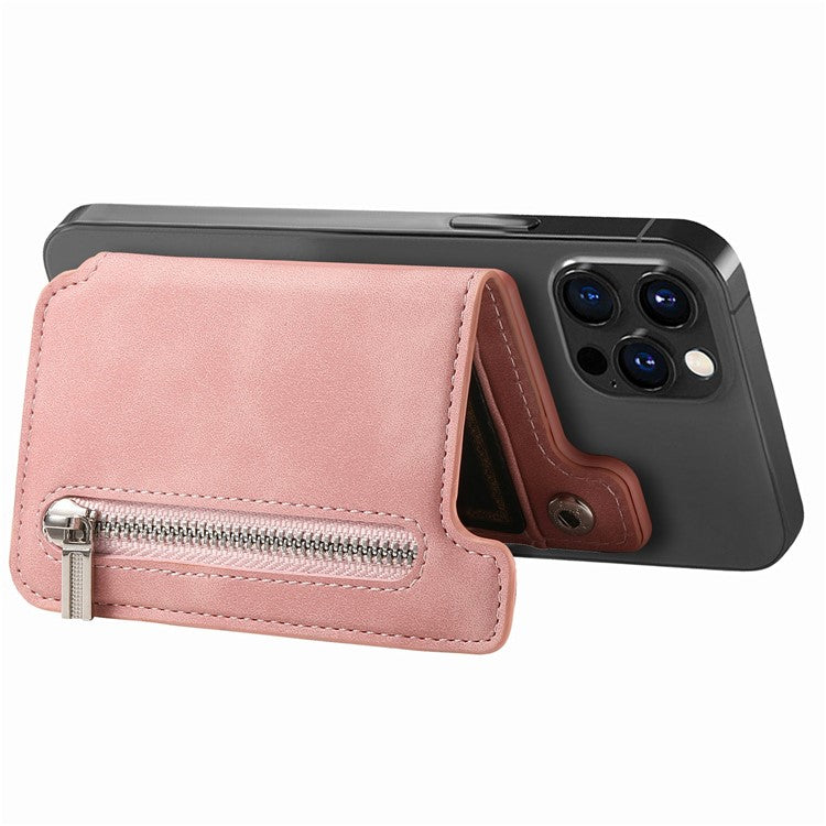 Card Holder Compatible with MagSafe Kickstand Leather Zipper Card Bag RFID Blocking - Pink