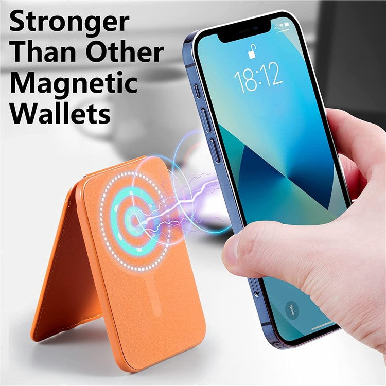 For iPhone 12 / 13 / 14 / 15 Series Magnetic Card Holder Compatible with MagSafe PU Phone Kickstand Card Bag - Orange