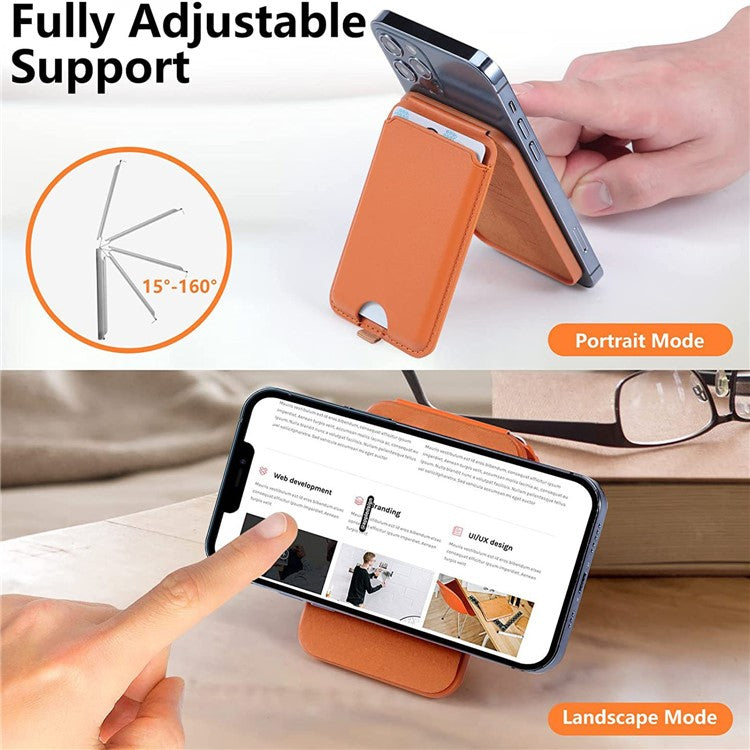 For iPhone 12 / 13 / 14 / 15 Series Magnetic Card Holder Compatible with MagSafe PU Phone Kickstand Card Bag - Orange