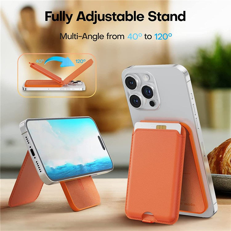 For iPhone 12 / 13 / 14 / 15 Series Magnetic Card Holder Compatible with MagSafe PU Phone Kickstand Card Bag - Orange