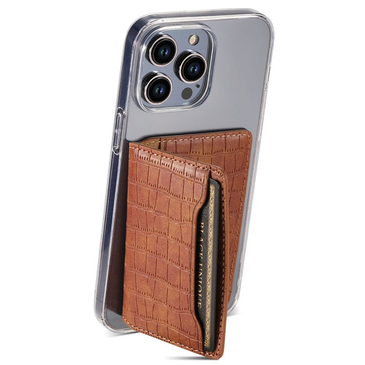 Phone Card Holder Case Kickstand Crocodile Texture PU Leather Phone Back Stand - Brown