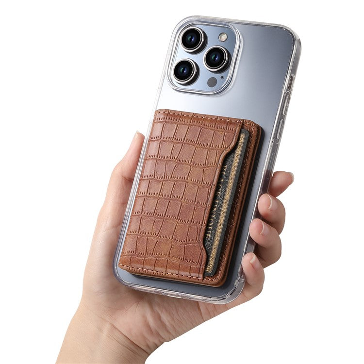 Phone Card Holder Case Kickstand Crocodile Texture PU Leather Phone Back Stand - Brown