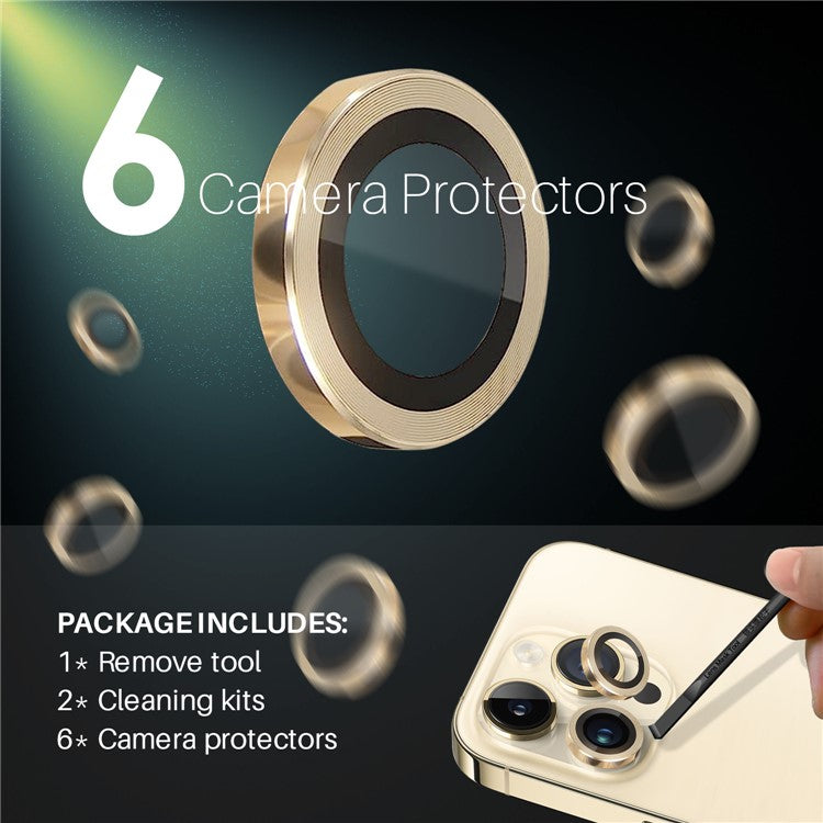 NORTHJO 2 Sets for iPhone 14 Pro / 14 Pro Max / 15 Pro / 15 Pro Max Tempered Glass Lens Protector CD Veins Metal Ring Lens Guard - Gold