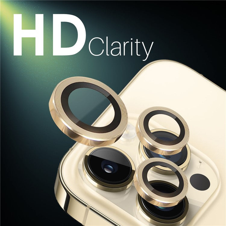 NORTHJO 2 Sets for iPhone 14 Pro / 14 Pro Max / 15 Pro / 15 Pro Max Tempered Glass Lens Protector CD Veins Metal Ring Lens Guard - Gold