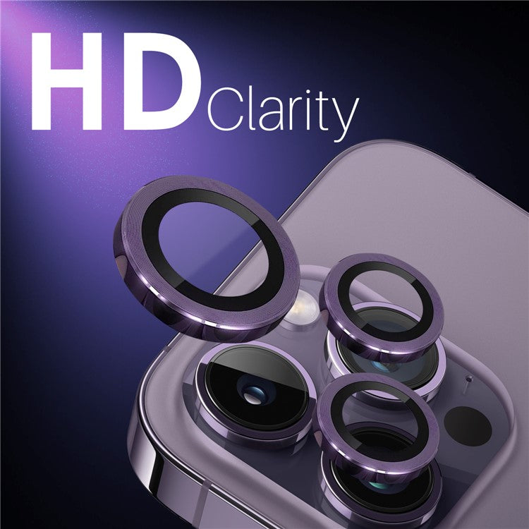 NORTHJO 2 Sets for iPhone 14 Pro / 14 Pro Max / 15 Pro / 15 Pro Max Tempered Glass Lens Protector CD Veins Metal Ring Lens Guard - Purple