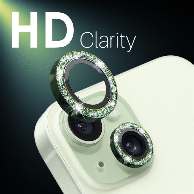 NORTHJO 3 Sets for iPhone 15 / 15 Plus / 14 / 14 Plus Lens Protector Glitter Metal Ring Tempered Glass Lens Film - Green