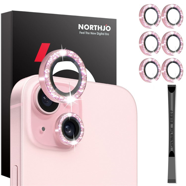 NORTHJO 3 Sets for iPhone 15 / 15 Plus / 14 / 14 Plus Lens Protector Glitter Metal Ring Tempered Glass Lens Film - Pink