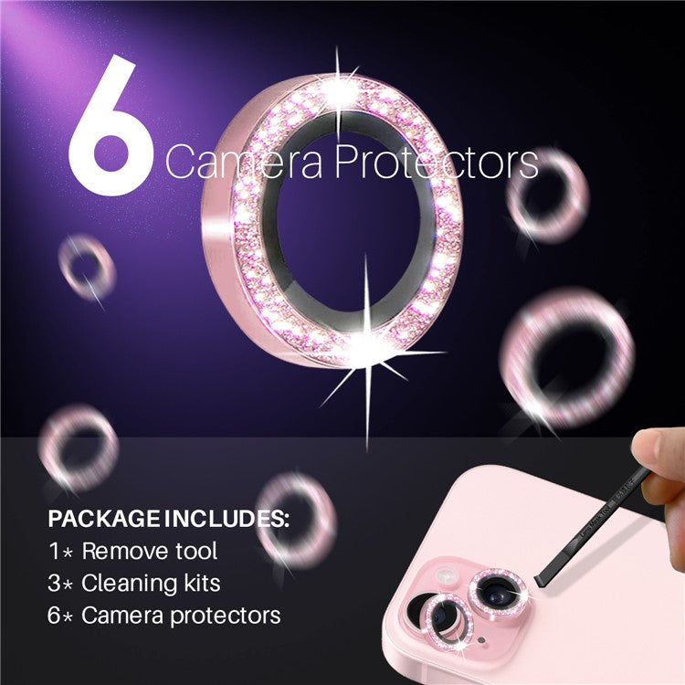 NORTHJO 3 Sets for iPhone 15 / 15 Plus / 14 / 14 Plus Lens Protector Glitter Metal Ring Tempered Glass Lens Film - Pink