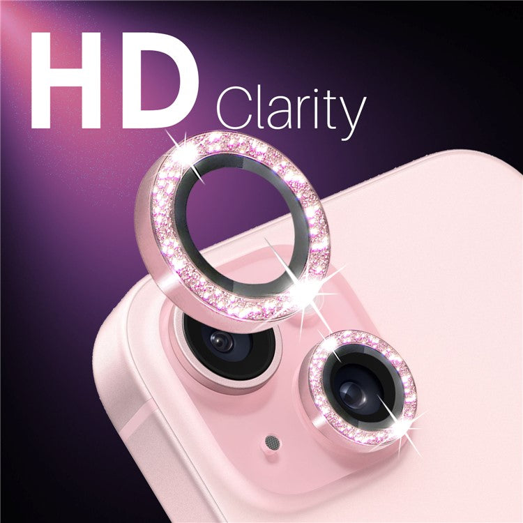 NORTHJO 3 Sets for iPhone 15 / 15 Plus / 14 / 14 Plus Lens Protector Glitter Metal Ring Tempered Glass Lens Film - Pink