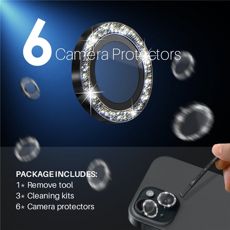 NORTHJO 3 Sets for iPhone 15 / 15 Plus / 14 / 14 Plus Lens Protector Glitter Metal Ring Tempered Glass Lens Film - Black