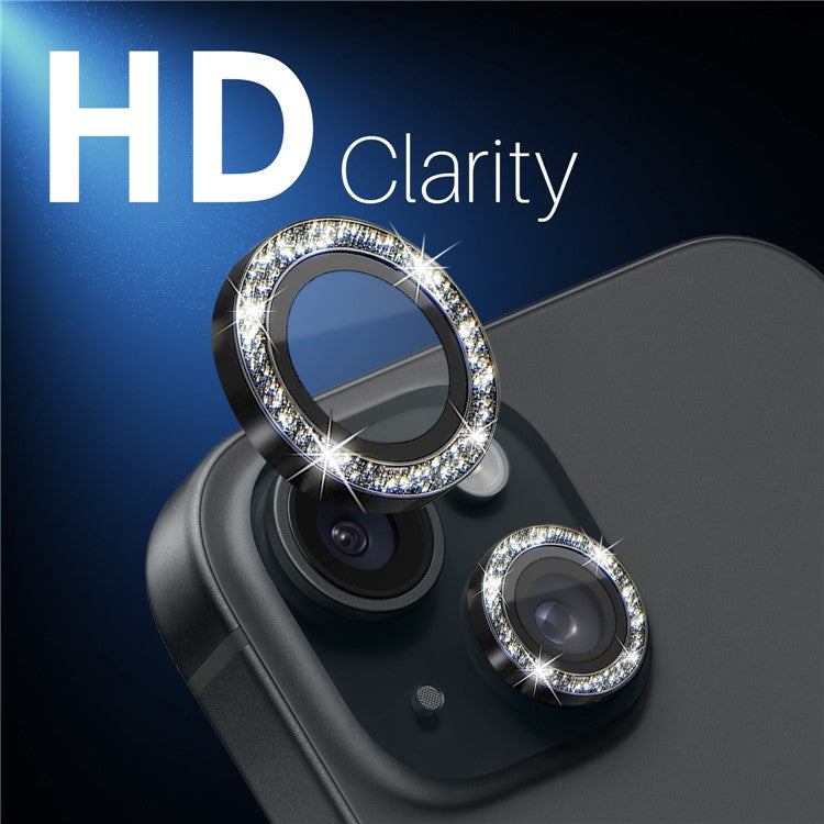 NORTHJO 3 Sets for iPhone 15 / 15 Plus / 14 / 14 Plus Lens Protector Glitter Metal Ring Tempered Glass Lens Film - Black