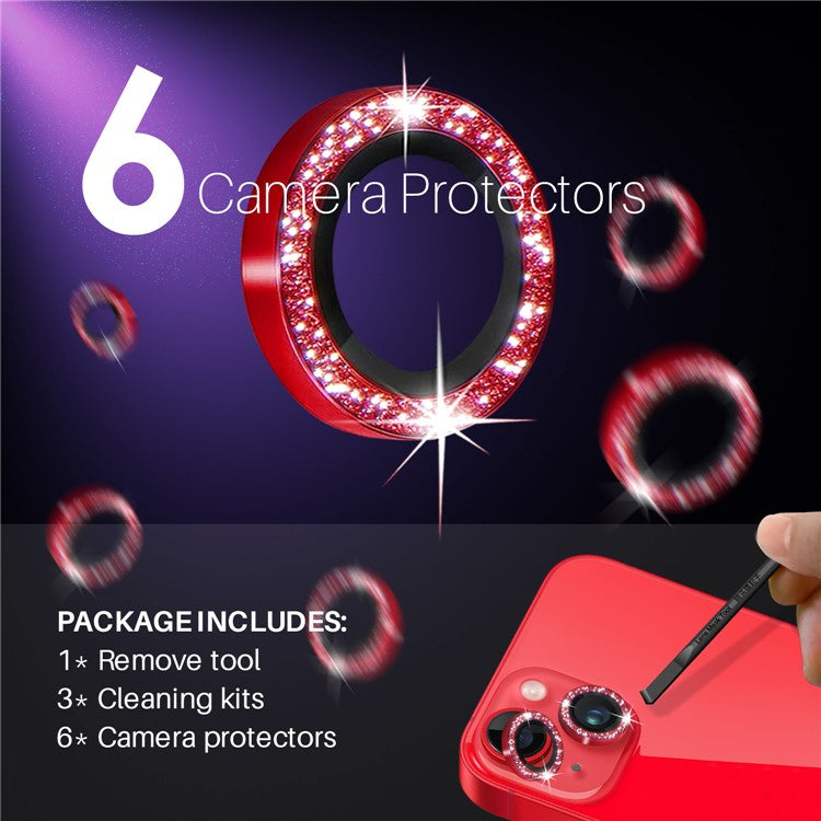 NORTHJO 3 Sets for iPhone 15 / 15 Plus / 14 / 14 Plus Lens Protector Glitter Metal Ring Tempered Glass Lens Film - Red