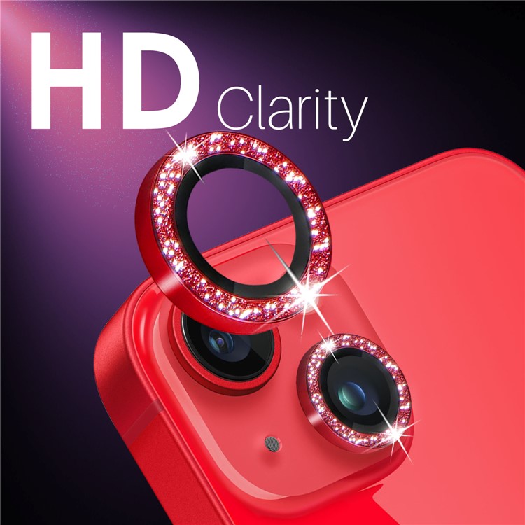 NORTHJO 3 Sets for iPhone 15 / 15 Plus / 14 / 14 Plus Lens Protector Glitter Metal Ring Tempered Glass Lens Film - Red