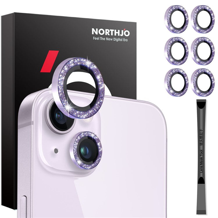 NORTHJO 3 Sets for iPhone 15 / 15 Plus / 14 / 14 Plus Lens Protector Glitter Metal Ring Tempered Glass Lens Film - Purple