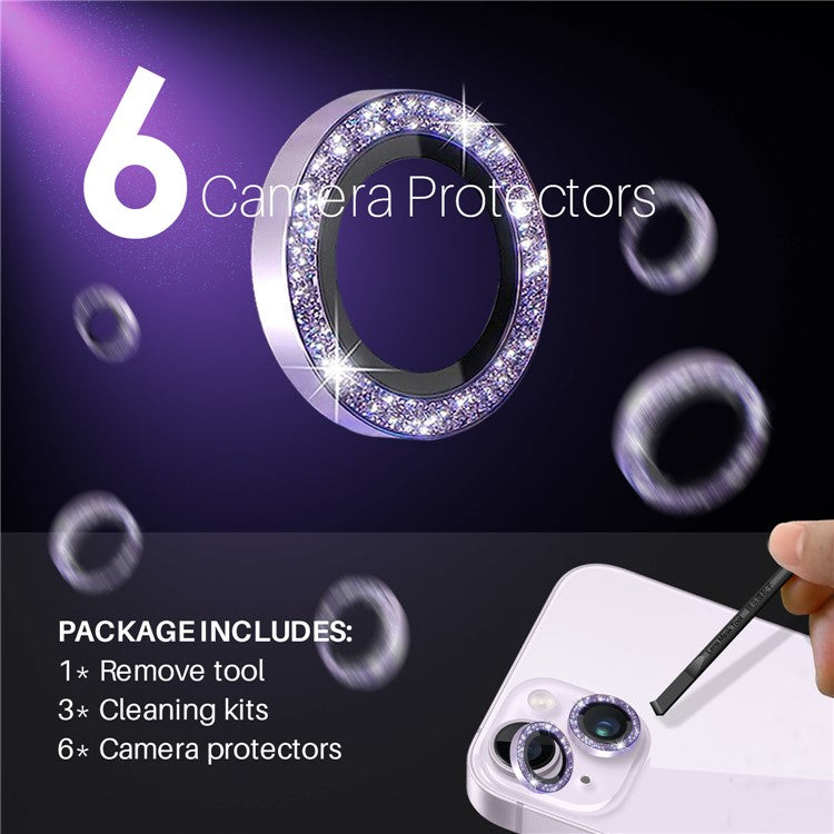 NORTHJO 3 Sets for iPhone 15 / 15 Plus / 14 / 14 Plus Lens Protector Glitter Metal Ring Tempered Glass Lens Film - Purple