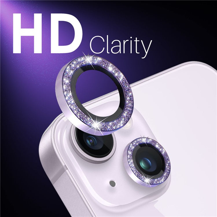 NORTHJO 3 Sets for iPhone 15 / 15 Plus / 14 / 14 Plus Lens Protector Glitter Metal Ring Tempered Glass Lens Film - Purple