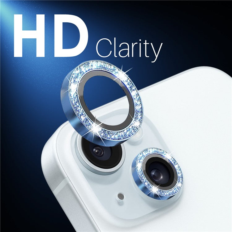 NORTHJO 3 Sets for iPhone 15 / 15 Plus / 14 / 14 Plus Lens Protector Glitter Metal Ring Tempered Glass Lens Film - Blue