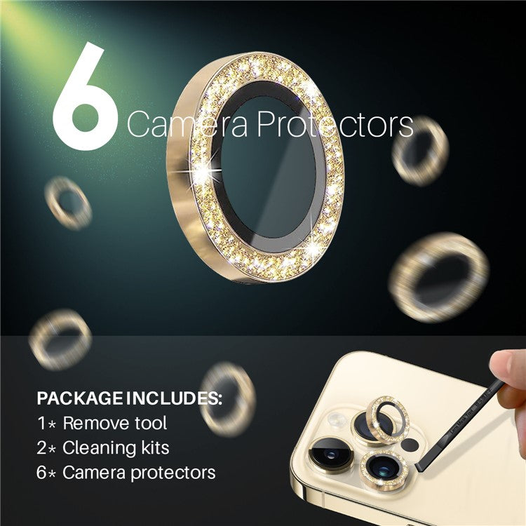 NORTHJO 2 Sets for iPhone 15 Pro / 15 Pro Max / 14 Pro / 14 Pro Max Lens Protector Glitter Ring Tempered Glass Lens Guard - Gold