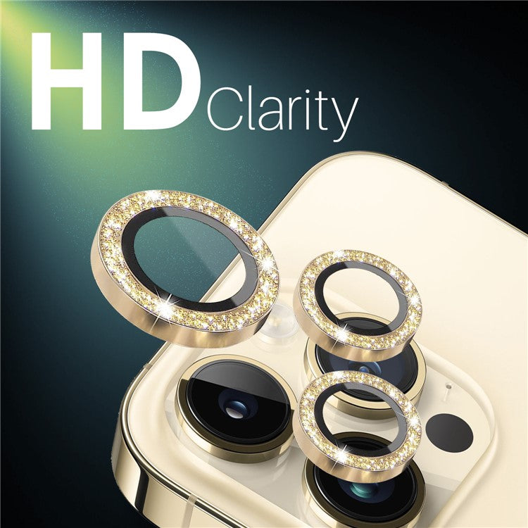 NORTHJO 2 Sets for iPhone 15 Pro / 15 Pro Max / 14 Pro / 14 Pro Max Lens Protector Glitter Ring Tempered Glass Lens Guard - Gold