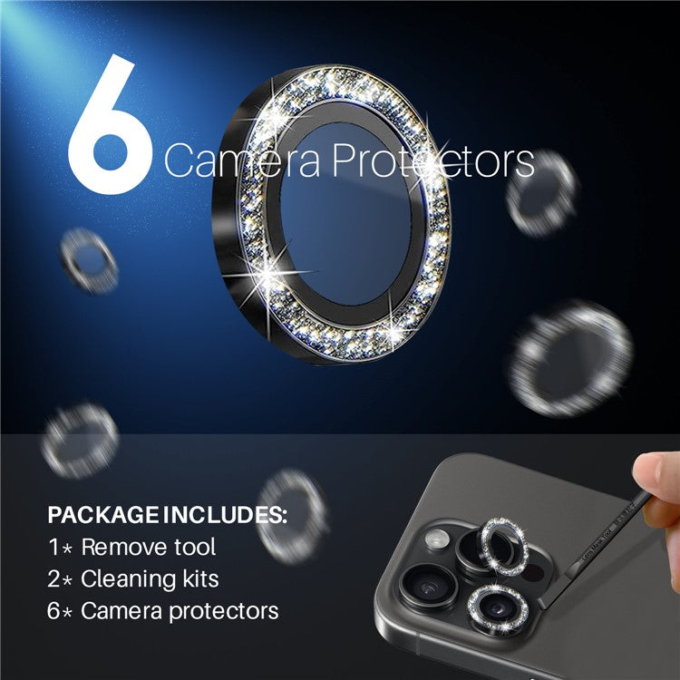 NORTHJO 2 Sets for iPhone 15 Pro / 15 Pro Max / 14 Pro / 14 Pro Max Lens Protector Glitter Ring Tempered Glass Lens Guard - Black