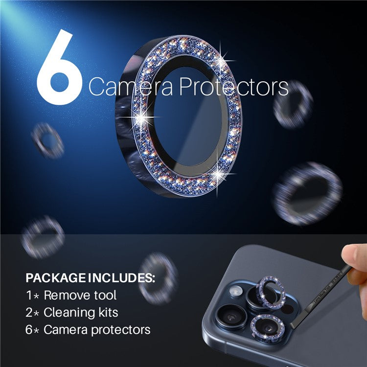 NORTHJO 2 Sets for iPhone 15 Pro / 15 Pro Max / 14 Pro / 14 Pro Max Lens Protector Glitter Ring Tempered Glass Lens Guard - Blue