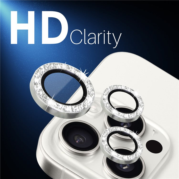 NORTHJO 2 Sets for iPhone 15 Pro / 15 Pro Max / 14 Pro / 14 Pro Max Lens Protector Glitter Ring Tempered Glass Lens Guard - Silver