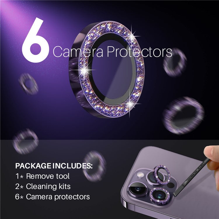 NORTHJO 2 Sets for iPhone 15 Pro / 15 Pro Max / 14 Pro / 14 Pro Max Lens Protector Glitter Ring Tempered Glass Lens Guard - Purple