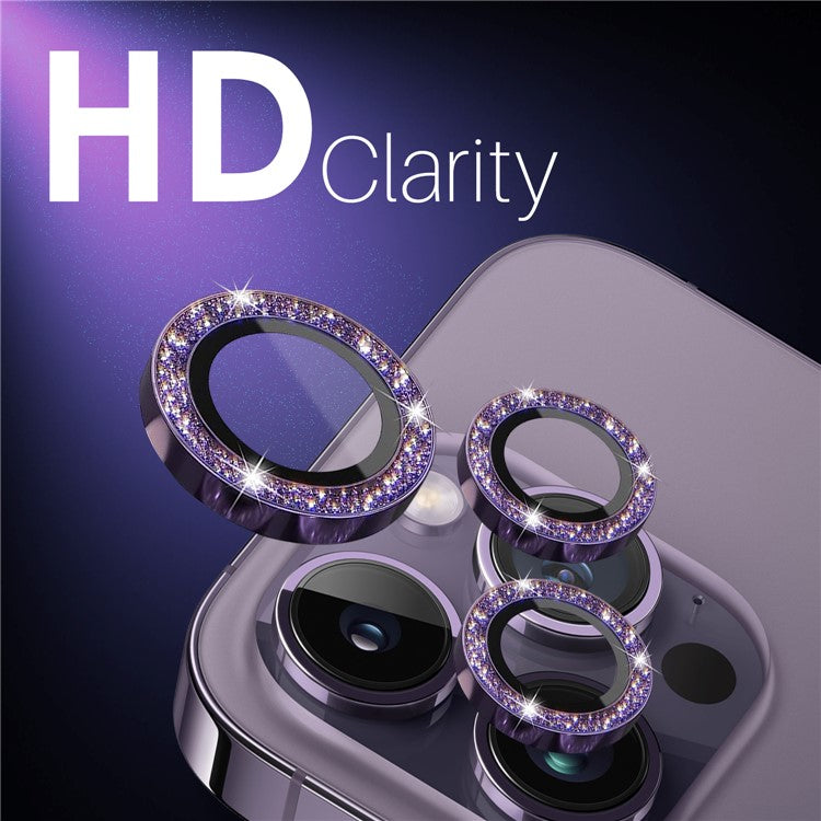 NORTHJO 2 Sets for iPhone 15 Pro / 15 Pro Max / 14 Pro / 14 Pro Max Lens Protector Glitter Ring Tempered Glass Lens Guard - Purple