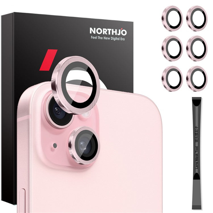 NORTHJO 3 Sets for iPhone 15 / 15 Plus / 14 / 14 Plus Tempered Glass Lens Protector CD Veins Metal Ring Lens Film - Pink