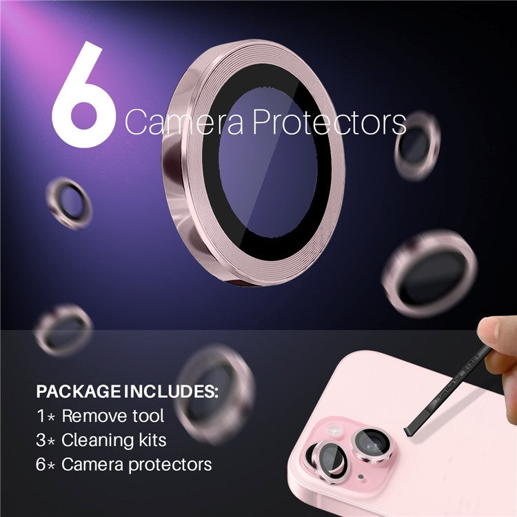 NORTHJO 3 Sets for iPhone 15 / 15 Plus / 14 / 14 Plus Tempered Glass Lens Protector CD Veins Metal Ring Lens Film - Pink