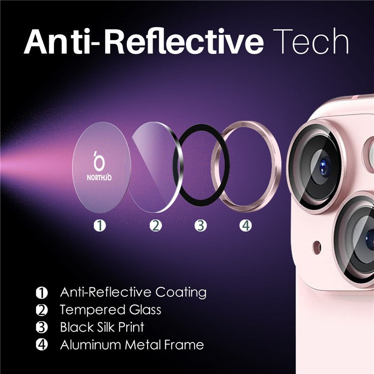 NORTHJO 3 Sets for iPhone 15 / 15 Plus / 14 / 14 Plus Tempered Glass Lens Protector CD Veins Metal Ring Lens Film - Pink