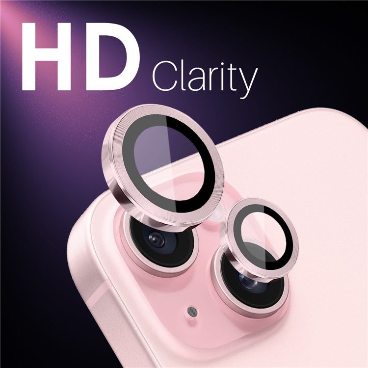 NORTHJO 3 Sets for iPhone 15 / 15 Plus / 14 / 14 Plus Tempered Glass Lens Protector CD Veins Metal Ring Lens Film - Pink