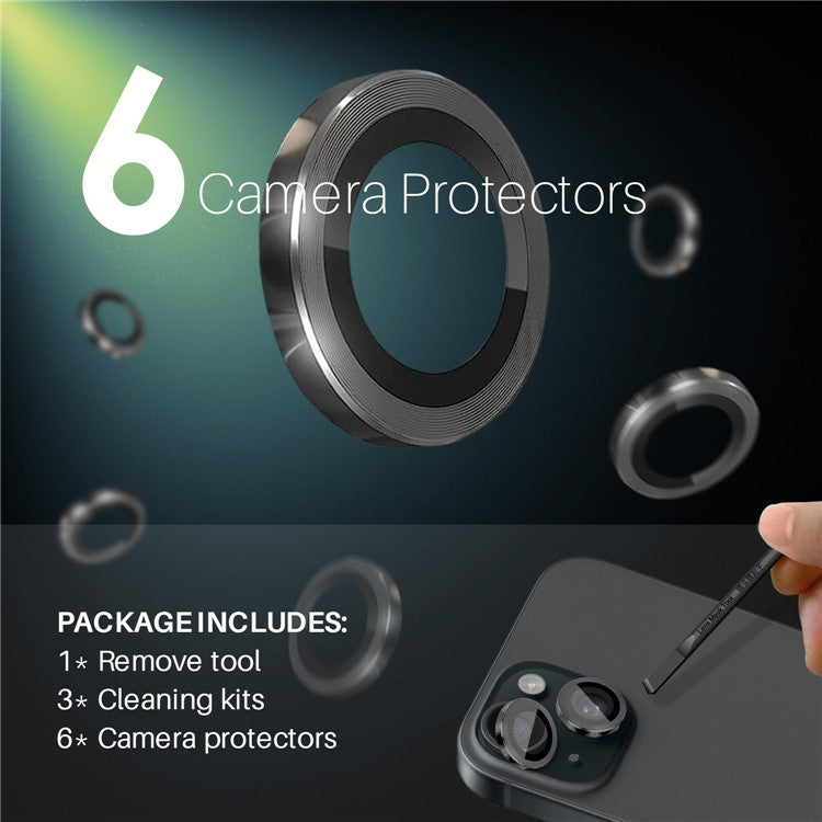 NORTHJO 3 Sets for iPhone 15 / 15 Plus / 14 / 14 Plus Tempered Glass Lens Protector CD Veins Metal Ring Lens Film - Black