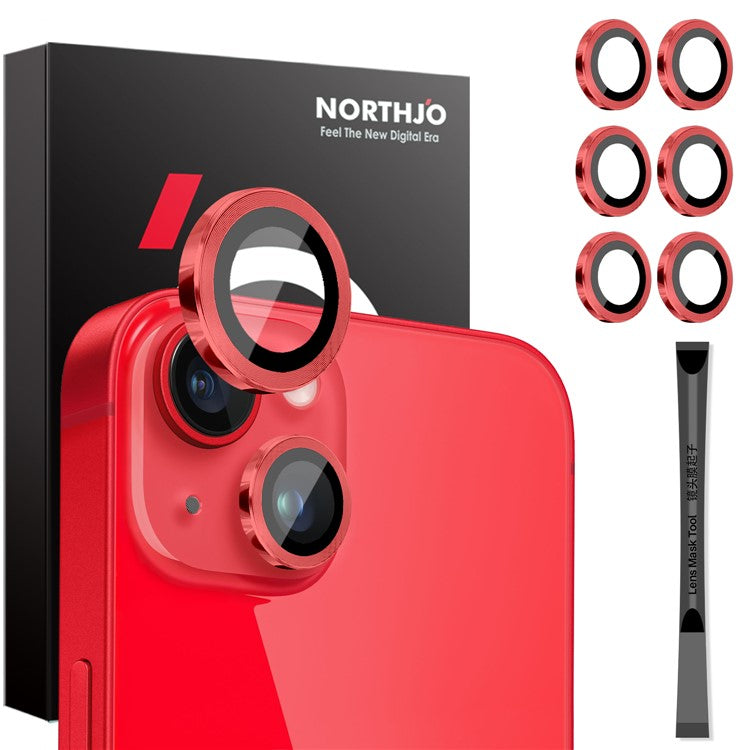 NORTHJO 3 Sets for iPhone 15 / 15 Plus / 14 / 14 Plus Tempered Glass Lens Protector CD Veins Metal Ring Lens Film - Red