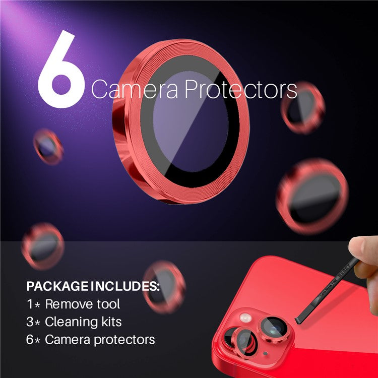 NORTHJO 3 Sets for iPhone 15 / 15 Plus / 14 / 14 Plus Tempered Glass Lens Protector CD Veins Metal Ring Lens Film - Red