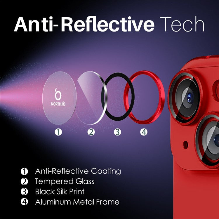 NORTHJO 3 Sets for iPhone 15 / 15 Plus / 14 / 14 Plus Tempered Glass Lens Protector CD Veins Metal Ring Lens Film - Red