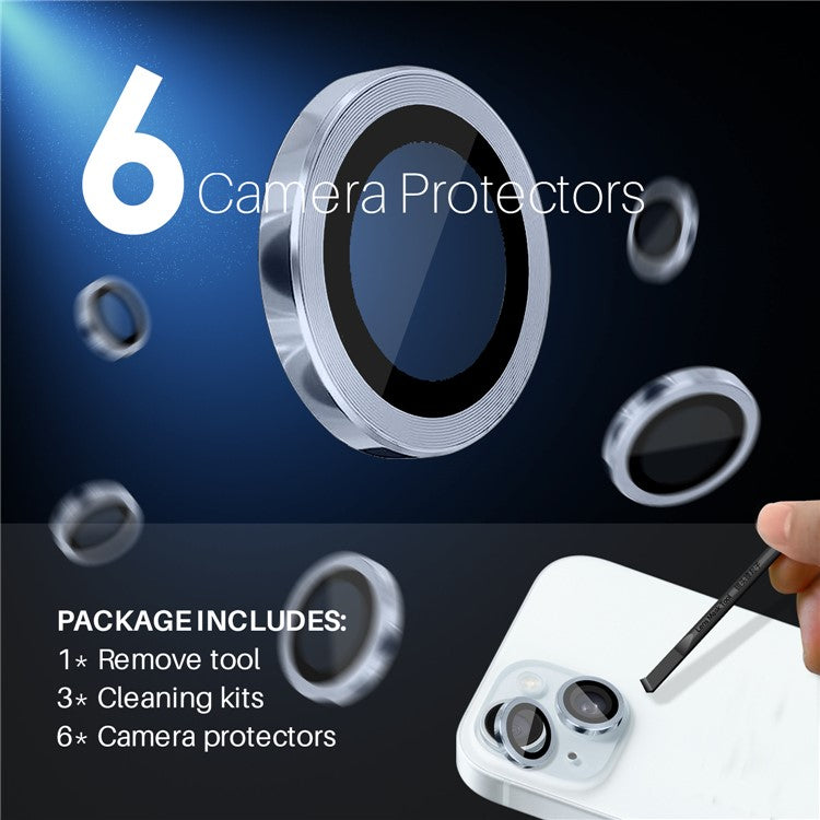 NORTHJO 3 Sets for iPhone 15 / 15 Plus / 14 / 14 Plus Tempered Glass Lens Protector CD Veins Metal Ring Lens Film - Blue