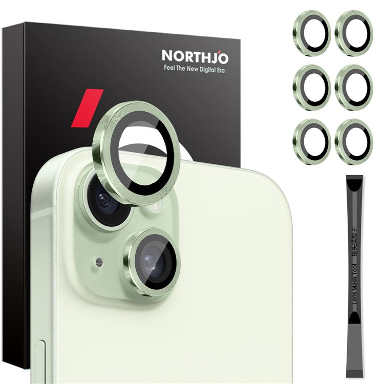 NORTHJO 3 Sets for iPhone 15 / 15 Plus / 14 / 14 Plus Tempered Glass Lens Protector CD Veins Metal Ring Lens Film - Green