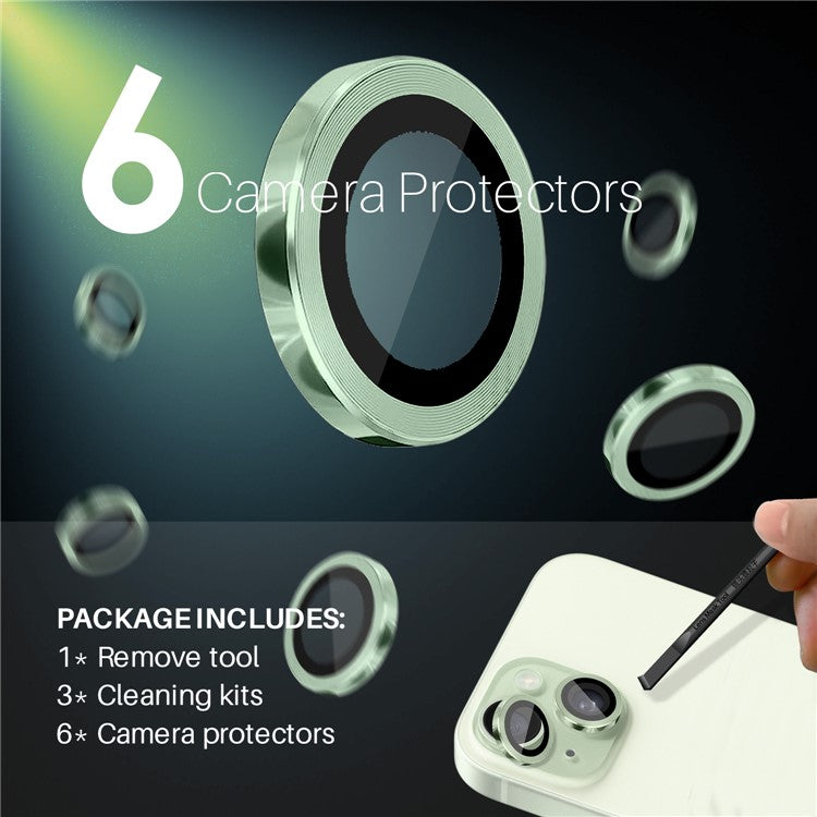 NORTHJO 3 Sets for iPhone 15 / 15 Plus / 14 / 14 Plus Tempered Glass Lens Protector CD Veins Metal Ring Lens Film - Green