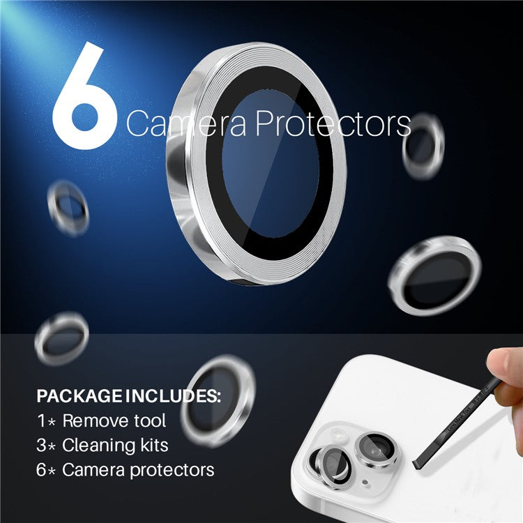 NORTHJO 3 Sets for iPhone 15 / 15 Plus / 14 / 14 Plus Tempered Glass Lens Protector CD Veins Metal Ring Lens Film - Silver