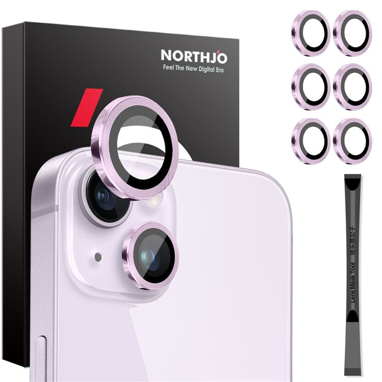 NORTHJO 3 Sets for iPhone 15 / 15 Plus / 14 / 14 Plus Tempered Glass Lens Protector CD Veins Metal Ring Lens Film - Purple